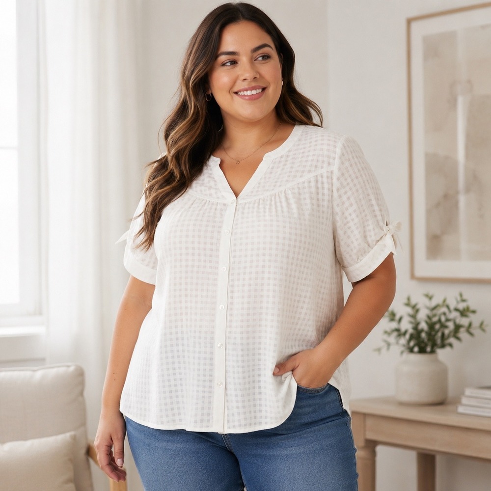 Torrid Women Top 2 2X White Windowpane Button Front Tie Sleeve 18-20 40200825